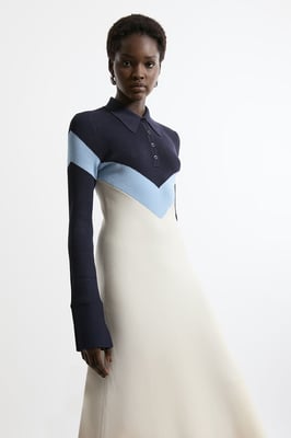 Viscose Blend Rib Knit Polo Top Maxi Dress