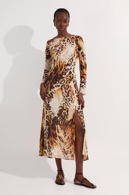 Sheer Viscose Georgette Sketchy Animal Woven Cowl Back Maxi Dress