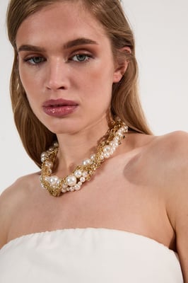 Gold Chain Woven Pearl And Diamante Statement Necklace