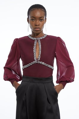 Bandage Embellished And Chiffon Sleeve Figure Form Knit Top