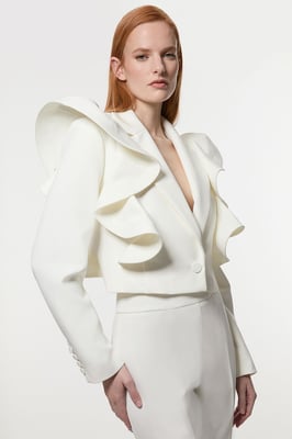 Drama Ruffle Tailored Single Breasted Cropped Blazer