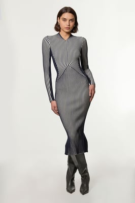 Stripe Fitted Long Sleeve Knitted Midi Dress