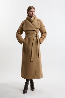 Wool Blend Hybrid Puffer Belted Midi Coat