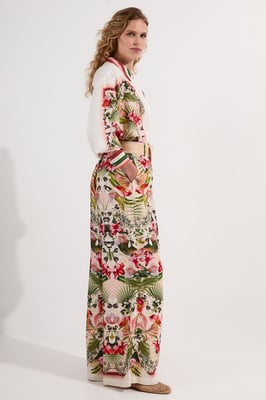 Mirrored Viscose Linen Floral Print With Raffia Belt Woven Trouser