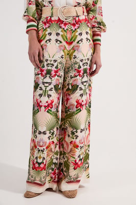 Mirrored Viscose Linen Floral Print With Raffia Belt Woven Trouser