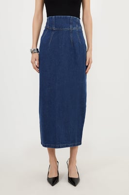 Corset Waist Denim Midi Skirt