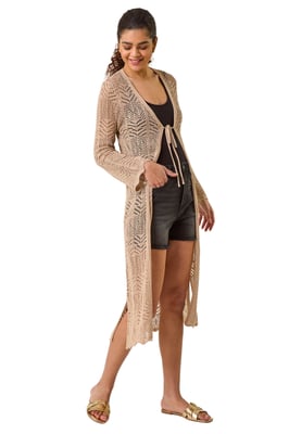 Longline Tie Cotton Blend Knit Cardigan