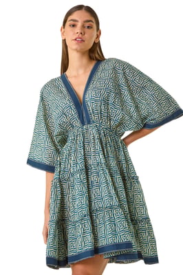 Geometric Contrast Tiered Dress