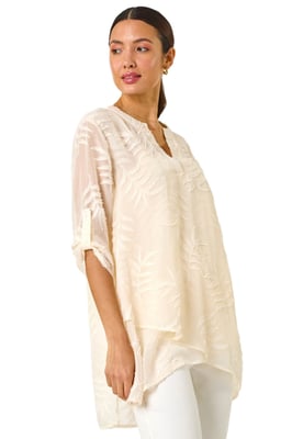 Leaf Print Burnout Wrap Tunic Top