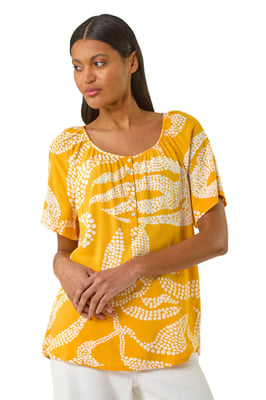 Leaf Print Button Detail Top