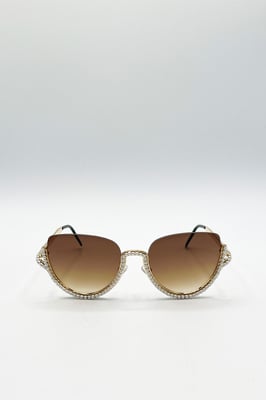 Upper Rimless Pearl Sunglasses in Gold Brown