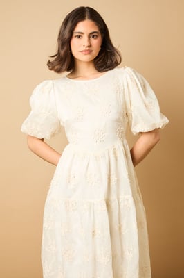 Floral Embroidered Puff Sleeve Midi Dress