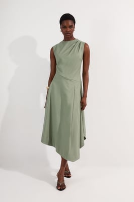 Tailored Drapey Bodice Asymmetric Midi Dress
