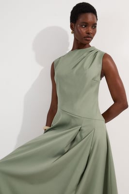 Tailored Drapey Bodice Asymmetric Midi Dress