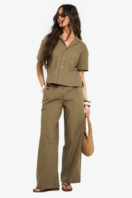 Linen Look Drawstring Wide Leg Trousers