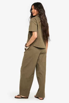 Linen Look Drawstring Wide Leg Trousers