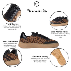 Tamaris Dames Luipaard Zwarte Leren Mode Gestreepte Veterschoenen