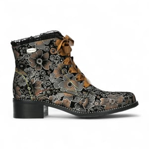 Laura Vita Emcmao-45 Bruine bloemenprint dameslaarzen met gothic victoriaanse leren enkellaarsjes met hak