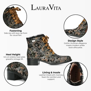 Laura Vita Emcmao-45 Bruine bloemenprint dameslaarzen met gothic victoriaanse leren enkellaarsjes met hak