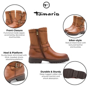 Tamaris Dames Winter Cognac Bruine Leren Gesp Rits Biker Enkellaarsjes