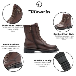 Tamaris Dames Fashion Bruine Leren Veterschoenen met Rits Combat Enkellaarsjes