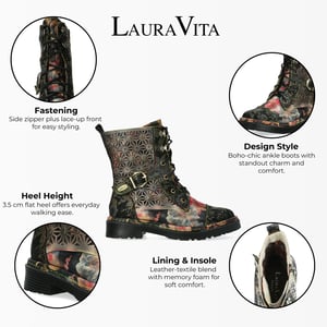 Laura Vita Incaso 36 Zwarte Bloemen Dames Gothic Victoriaanse Leren Enkelhoge Laarzen
