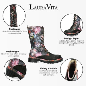 Laura Vita Incaso-18 Zwarte Bloemen Dames Gothic Victoriaanse Leren Hoge Laarzen