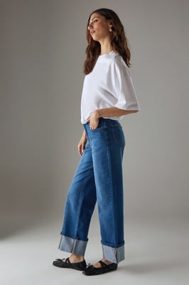 Seam Detail Wide Leg Turn Up Denim Jean