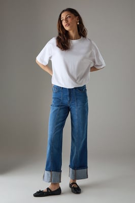 Seam Detail Wide Leg Turn Up Denim Jean