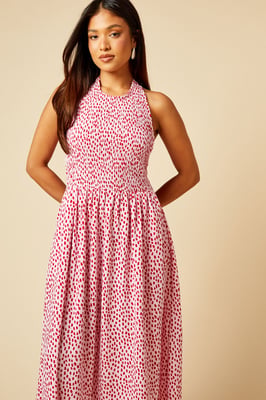 Petite Pink Spot Shirred Bodice Halterneck Midi Dress