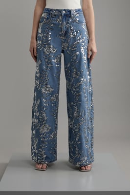 Denim All Over Floral Sequin Wide Leg Trousers