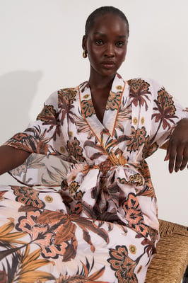 Abstract Print Cotton Kimono Sleeve Woven Maxi Dress