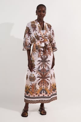 Abstract Print Cotton Kimono Sleeve Woven Maxi Dress
