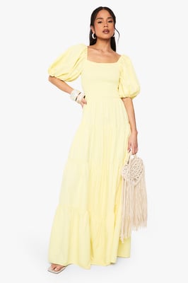 Extreme Puff Sleeve Shirred Maxi Smock Dress