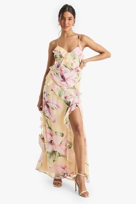 Floral Crinkle Chiffon Ruffle Maxi Dress