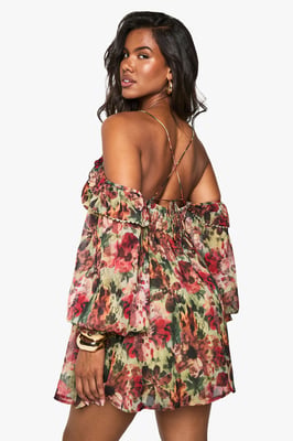 Floral Printed Chiffon Cold Shoulder Layered Mini Dress