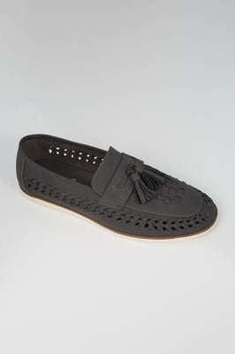 Grey Faux Leather Woven Loafers