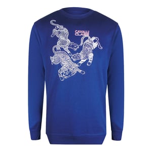 Cavalli Class Paisley Leopards Iris Blue Round Neck Sweatshirt