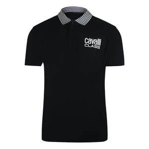 Cavalli Class Striped Collar Black Polo Shirt