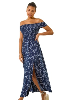 Spot Print Bardot Shirred Maxi Dress