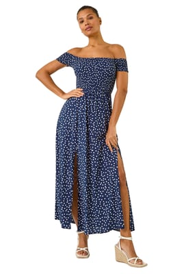 Spot Print Bardot Shirred Maxi Dress