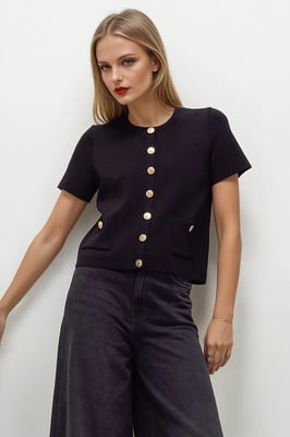 Black Short Sleeve Crew Neck Button Front Cardigan
