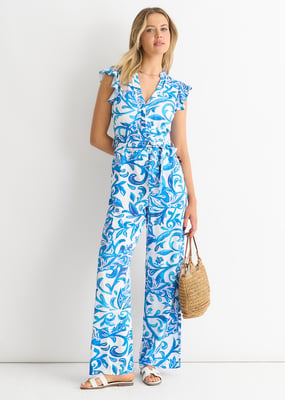 Blue Floral Ruffle Sleeeves Jumpsuit