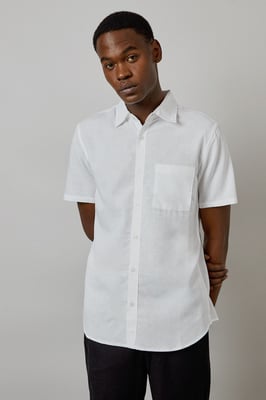 White Linen Blend Short Sleeve Shirt