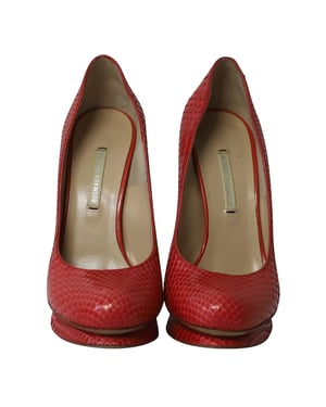 Nicholas Kirkwood Snakeskin Embossed Platform High Heel Pumps in Red Patent Leather