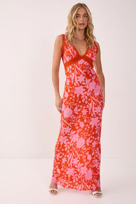 Floral Lace Insert Plunge Maxi Dress