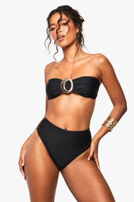 Gold Trim Detail Bandeau Bikini Top & High Waist Bikini Bottoms Set
