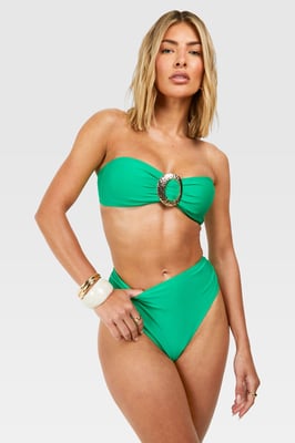 Gold Trim Detail Bandeau Bikini Top & High Waist Bikini Bottoms Set