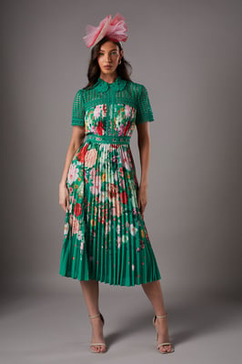 Lisa Tan Lace Pleated Printed Midi Dress