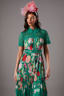 Lisa Tan Lace Pleated Printed Midi Dress
